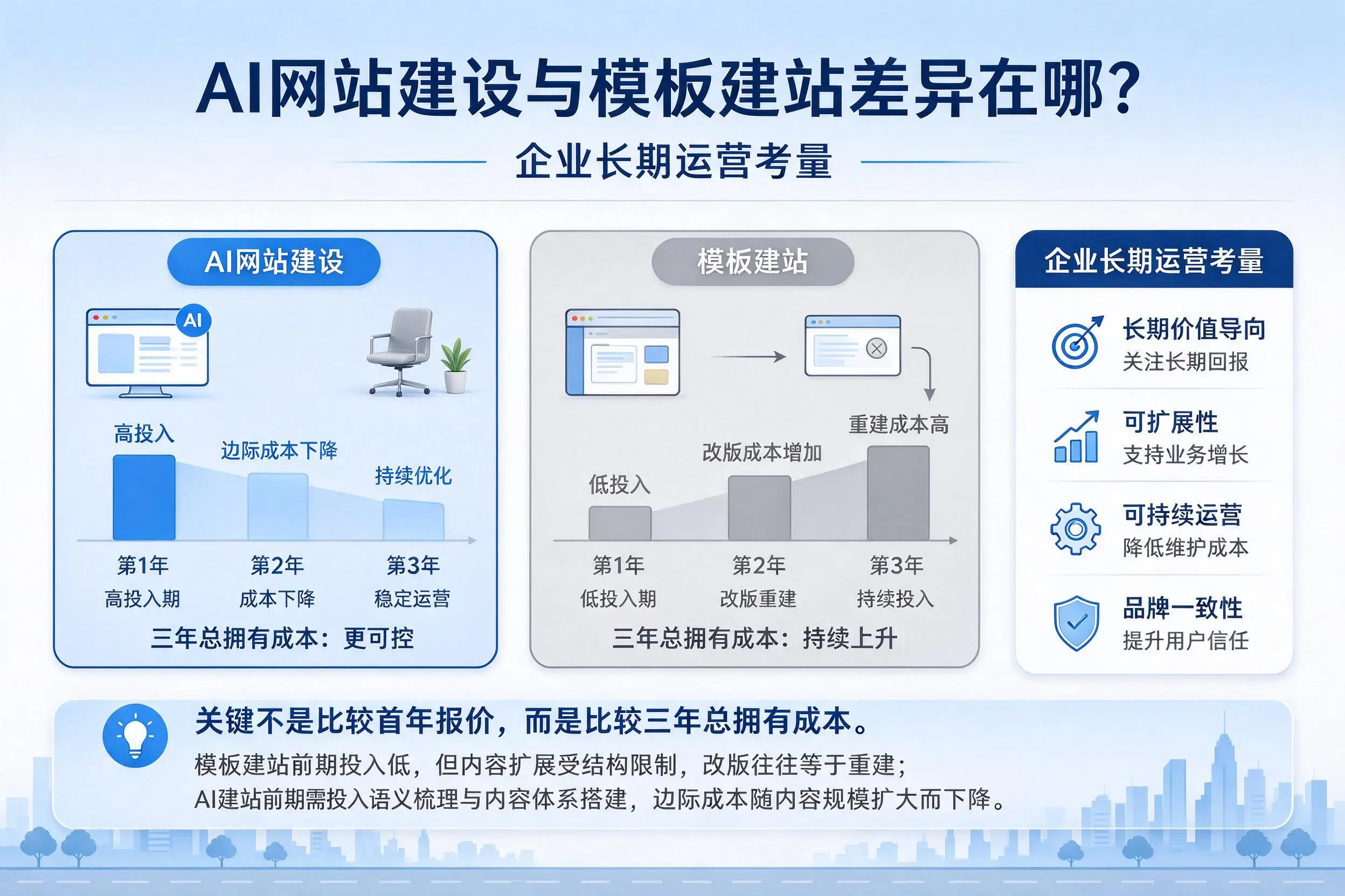 AI网站建设与模板建站差异在哪?黄山企业长期运营考量